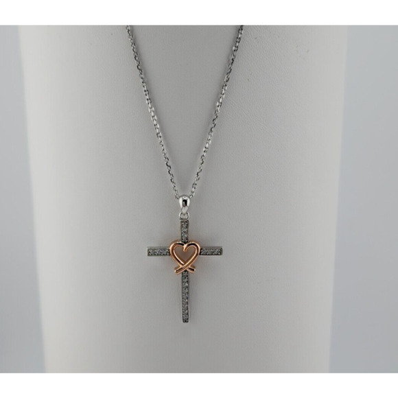 Rose Gold Plated Sterling Silver Heart Cross CZ Pendant Necklace 18" - Picture 1 of 4